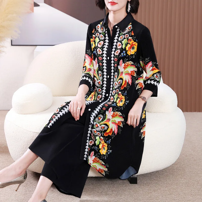 

Pant Suits For Women Elastic Loose Miyake Pleated Summer And Spring New Vintage Printed Casual Three Quarter Sleeve Top + Pant