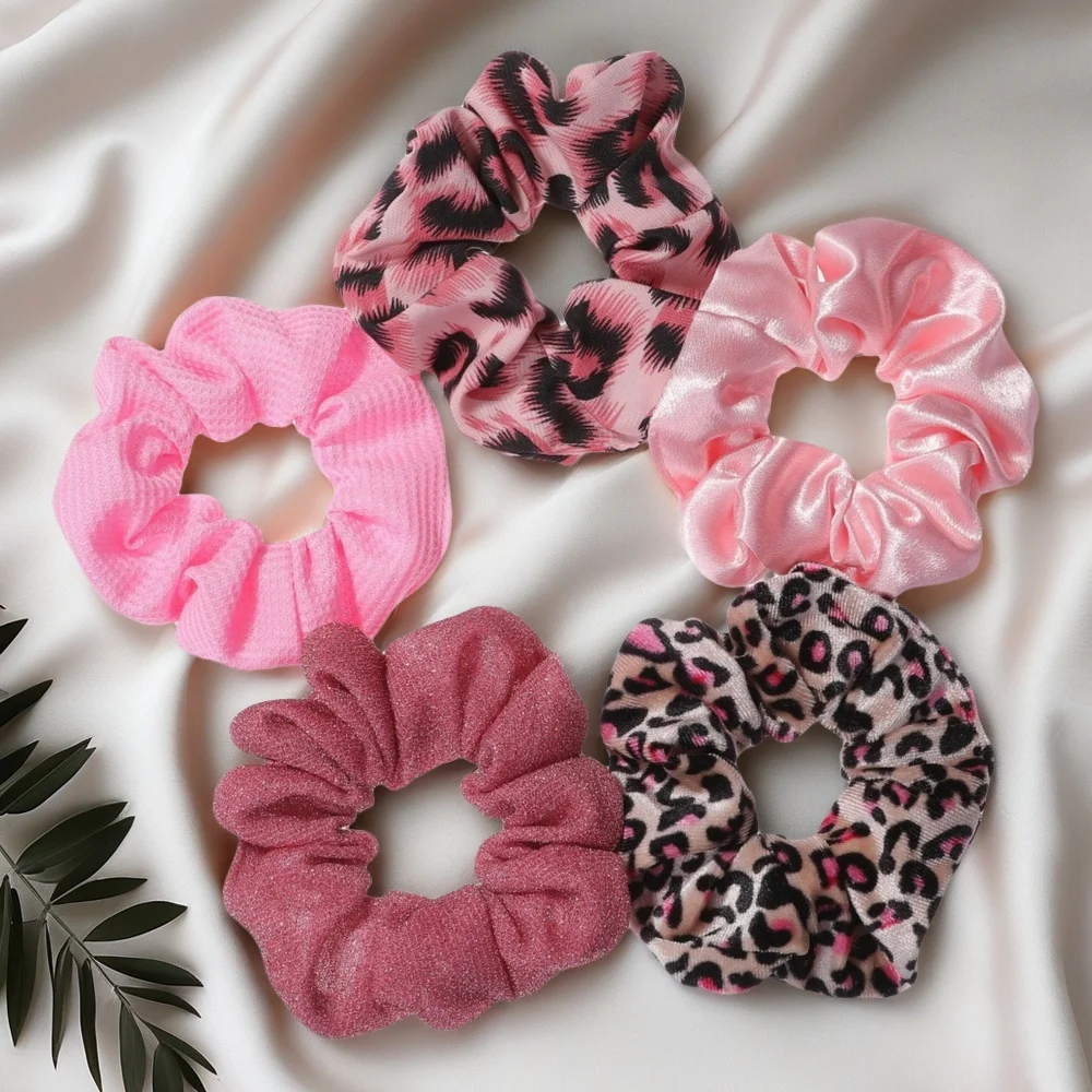 5 teile/los Scrunchies Haar Elastische Scrunchy Krawatten Seile für Pferdeschwanz Halter Floral Keine falten Rosa Leopard Nette Lila – Detail 5