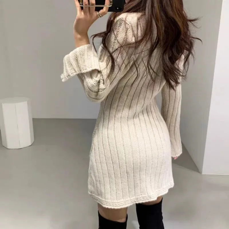 Korean Fashion Long Sleeve Slim Fit A-line Casual Party Dress V-neck Twist Single-breasted Sweater Knitted Short Dress Female