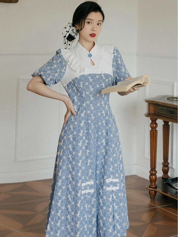 

Summer new women's retro palace style lace stitching jean embroidered bubble sleeve long dress travel holiday dress