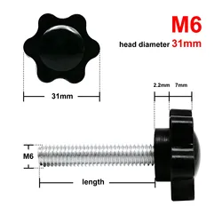Set of Black Plastic Hand Tighten Thumb Screws with Six - Lobe Head - Adjustable Clamping Bolts (8 - 100mm Length) - 30mm (5pcs M6 (Head 31mm))