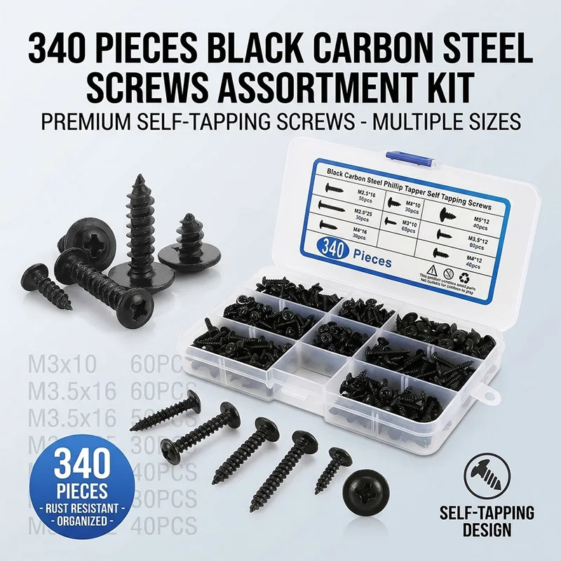 340PCS 모듬 나사 키트 블랙 카본 스틸 필립스 태퍼 나사 세트 DIY 가구..