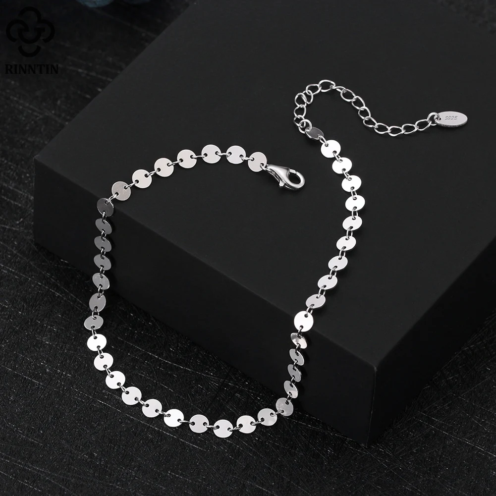 Rinntin Round Plate Chain Anklets for Women 925 Sterling Silver Fashion 14K Gold Foot Chain Bracelet Ankle Straps Jewelry SA25