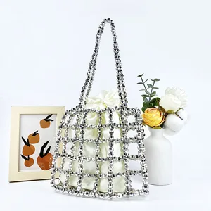 Hand-woven Metallic Silver Shiny Beaded Shoulder Bag Fashion Trend Hollow Out  Shopping Tote Bag Female Evening  Clutch Bag