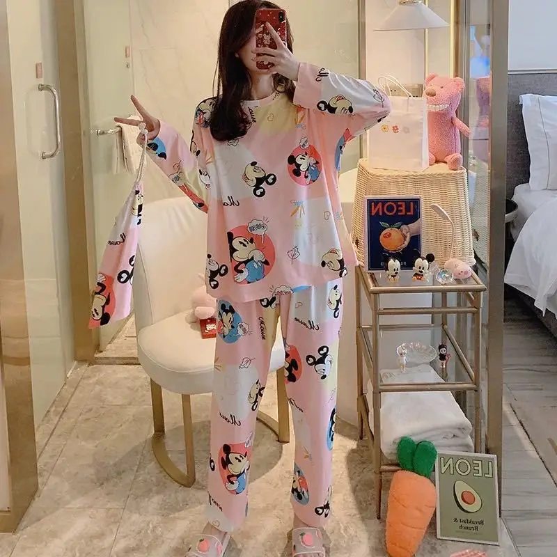 Cartoon Mickey and Minnie Print Girls Long Sleeve Pajamas Spring Autumn Pajamas Ladies Cute Pattern Homewear Set