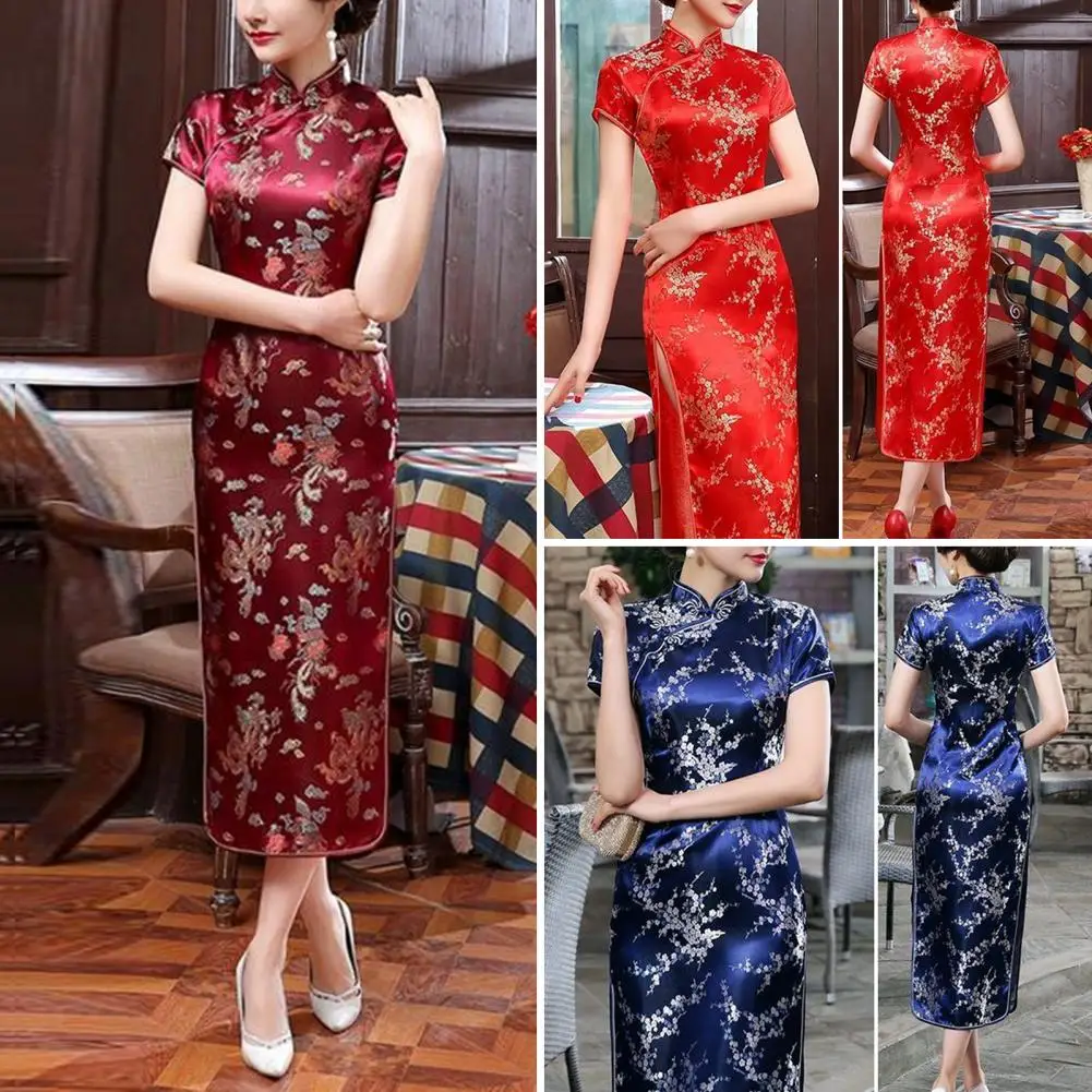 

Vintage Style Cheongsam Dress Chinese National Style Satin Silky Tight Waist Qipao Floral Embroidery Stand Collar Women Dress