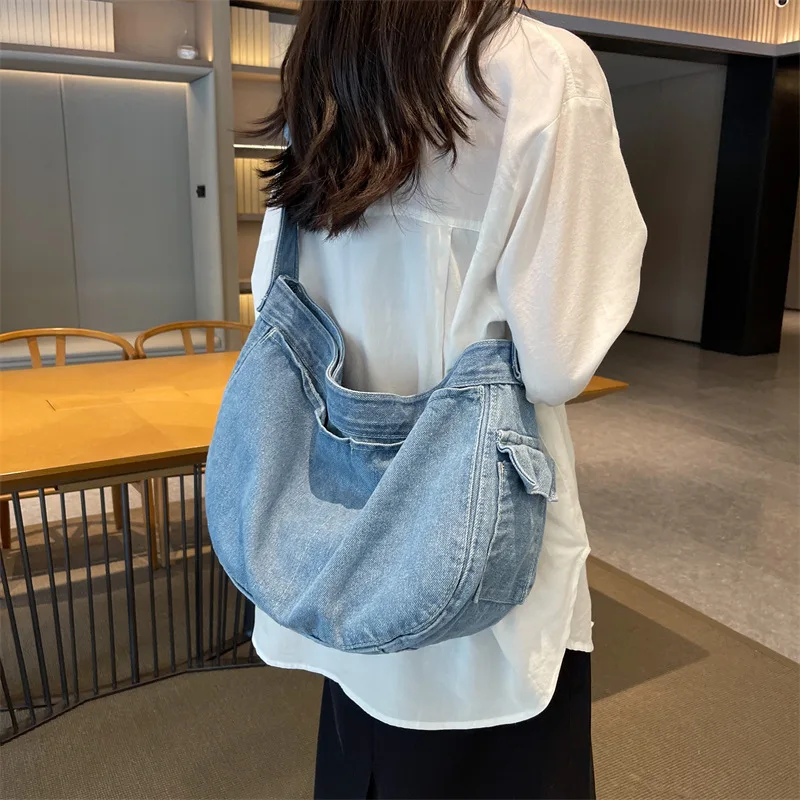 

Vintage Denim Textile Soft Slouchy Hobo Bag College 2023 Female Youth Harajiku Jeans Emo Ita Y2k School Book Crossbody Side Bag