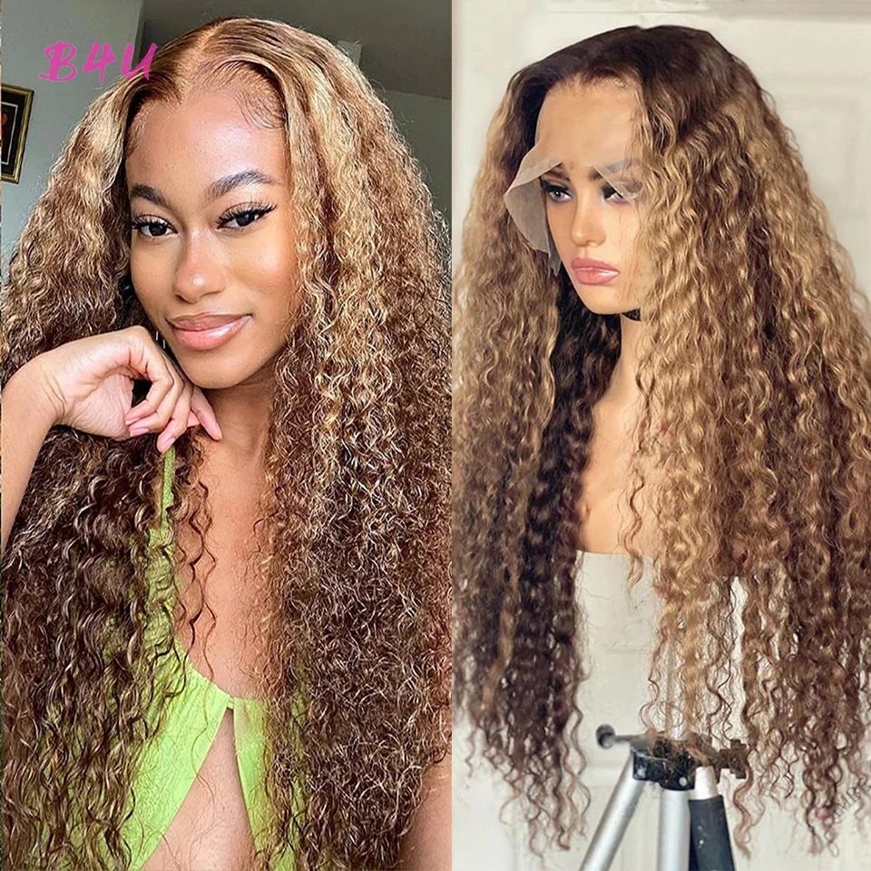 Highlight Deep Wave Frontal Wig Colored Human Hair Wig P4/27 Straight