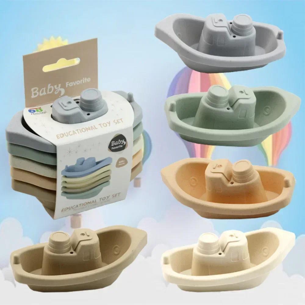 Baby Bath Toys Stacking Boat Toys Colorful Early Education Intelligence Gift Boat-shaped Stacked Cup Folding Tower Baby Toy 2