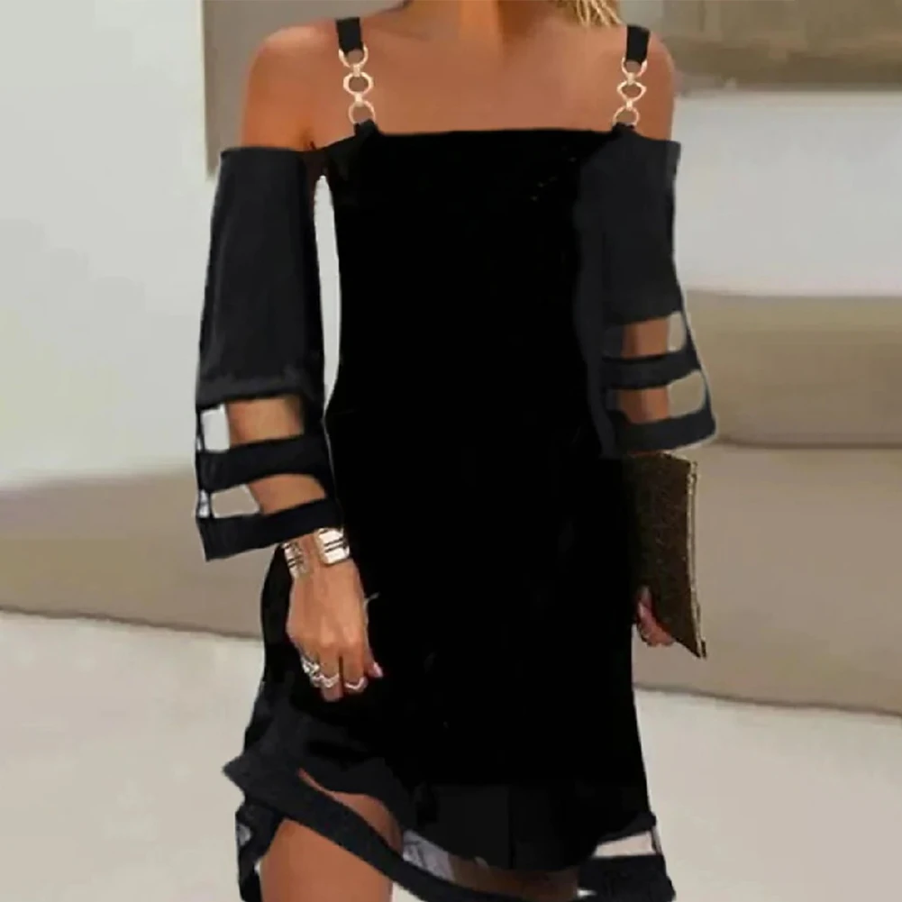 

Women Sexy Fashion Contrast Mesh Slim Temperament Sleeve Off Shoulder Casual A Line Solid Color Dress