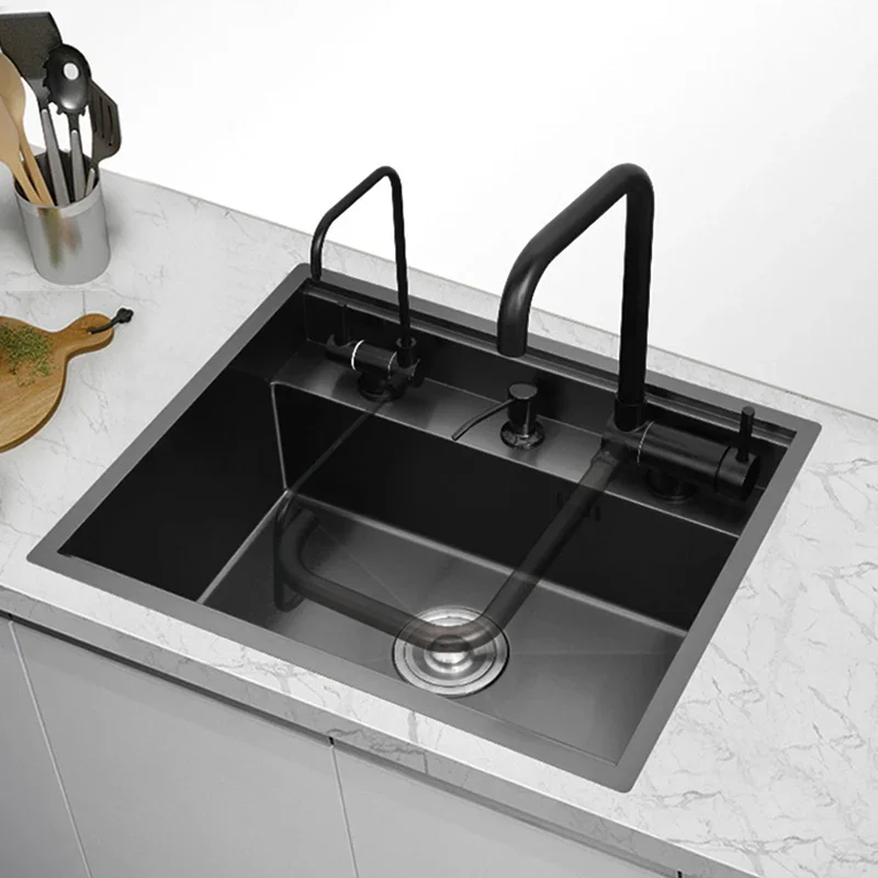 Nanometer Double Cover Hidden Kitchen Sink 304 Stainless Steel 3 Holes Handmade Single Large Size Kitchen Hidden Sinks