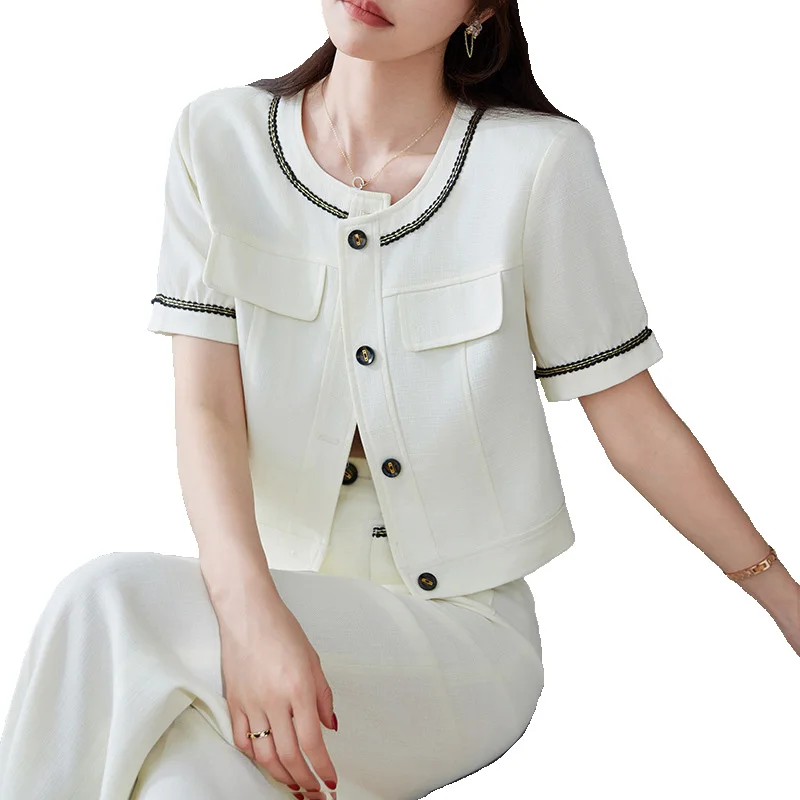 

Women Casual Blazer and Pant Suit Ladies Female O-Neck Short Sleeve Jacket Trouser Business Work Wear 2 Piece Set For Summer