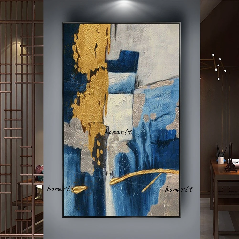 

Handmade Abstract Blue Gold Wall Art Paintings Scandinavian Style Canvas Oil Painting Modern Pictures For Living Room Home Decor