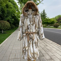 women winter warm fashion longest fur coat real rabbit fur coat with huge hood and raccoon fur collar