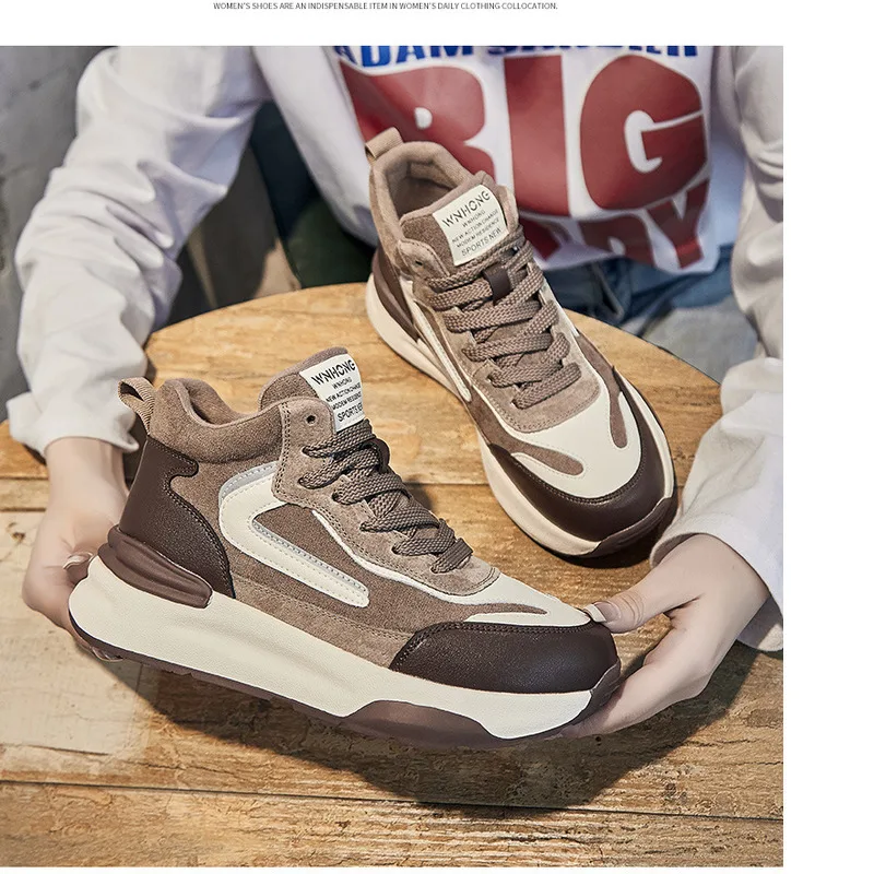 Women's Genuine Leather High Top Dad Shoes Thick Sole Trainers_voghion.com