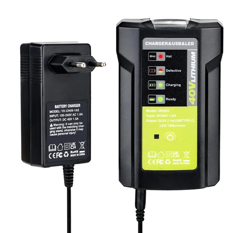 

3WAdapter Light with USB for Ryobi 36-40V Battery LUB40V Charger Overcharge Protection with DC Emergency Lights EU Plug