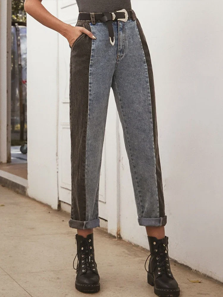 Patchwork Casual Loose Trousers Boyfriend Women's Fashion Women's Fashion Contrast Stitching All-match Wash High Waist Jeans