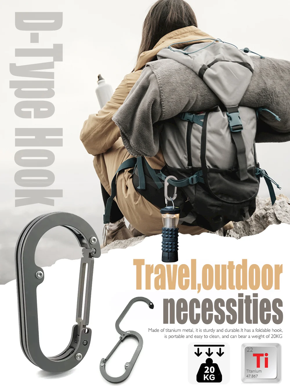 Faltbarer, robuster Haken, großer Karabiner-Clip zum Aufhängen von Rucksacks, Zubehör für Outdoor-Ausrüstung – langlebig, leicht, 20 kg Belastung – Detail 1