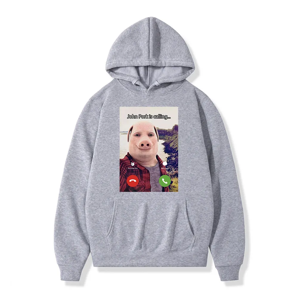 John Pork Is Calling Answer Call Phone Hoodie Humor Funny Pig Meme Graphic Hoodies Fashion Long Sleeve Loose Man Sweatshirt