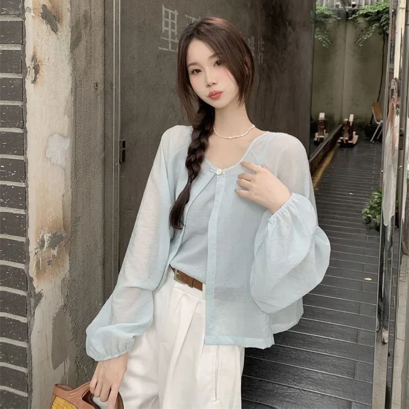 Smvp Sommer Single Button Sonnencreme Shirt Frauen Koreanische Süße Oansatz Offene Sonnenschutz Shirts Dünne Laterne Hülse Kurzen Mantel – Detail 8