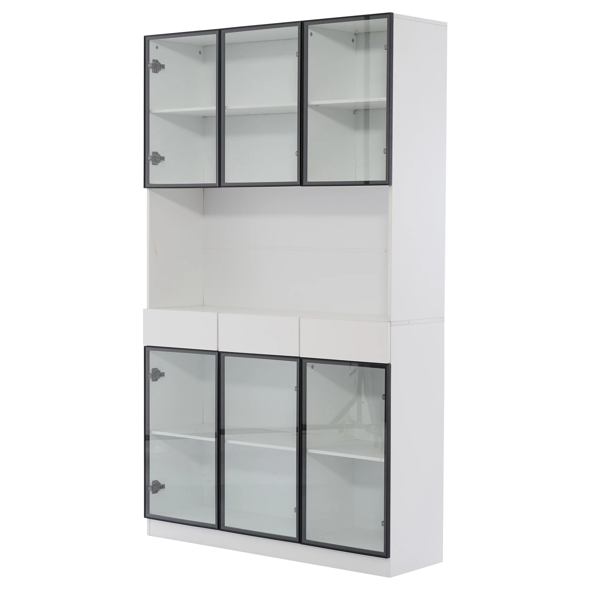 200 cm hoher weißer Vitrinenschrank mit LED, Glastüren (schwarzer Rahmen), Bücherregal mit mehreren Staufächern – Detail 20
