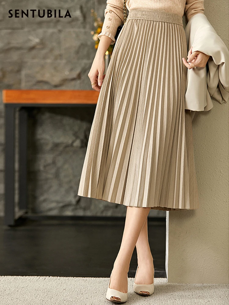 SENTUBILA Midi Pleated Skirt for Women Elegant Fashion Elastc High Waist Spring Autumn A Line Skirt Harajuku Clothes 123Q44364