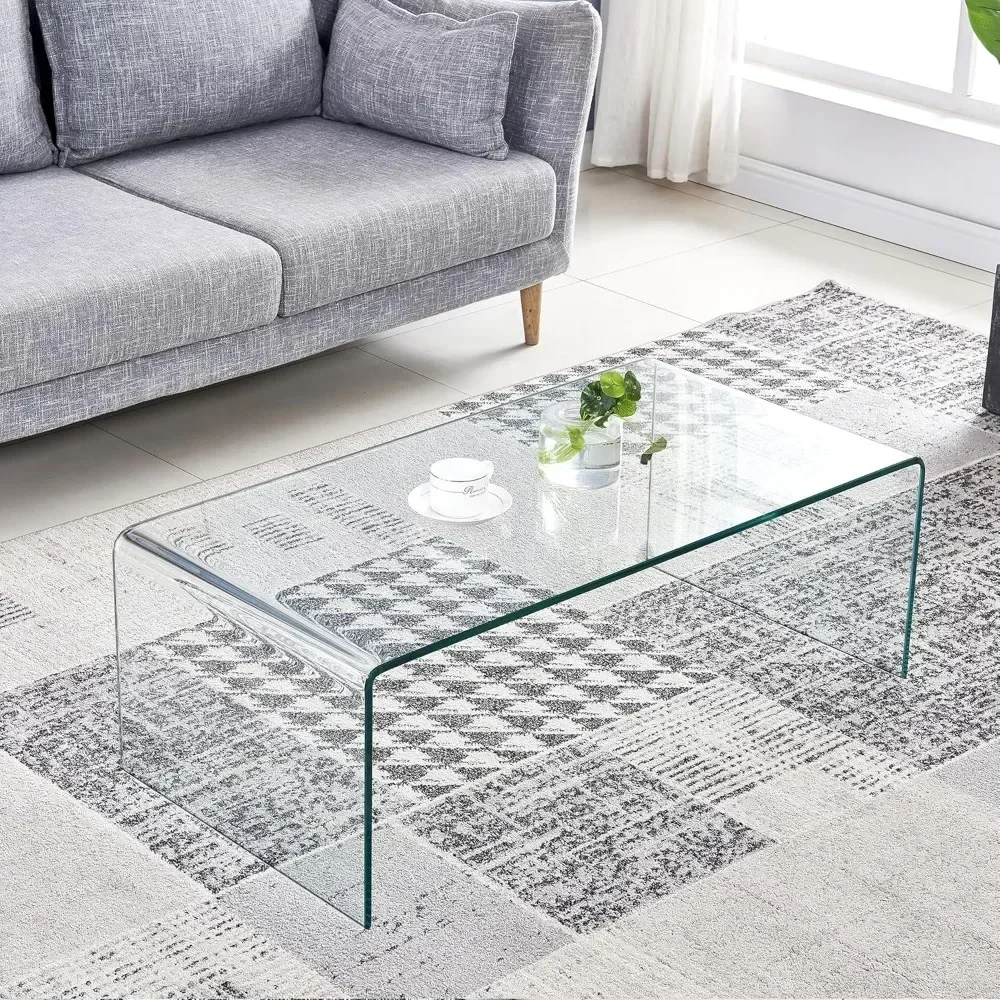 Glass Coffee Table, Modern Clear Tempered Glass Coffee Table for Living Room, Easy to Clean and Safe Rounded Edges