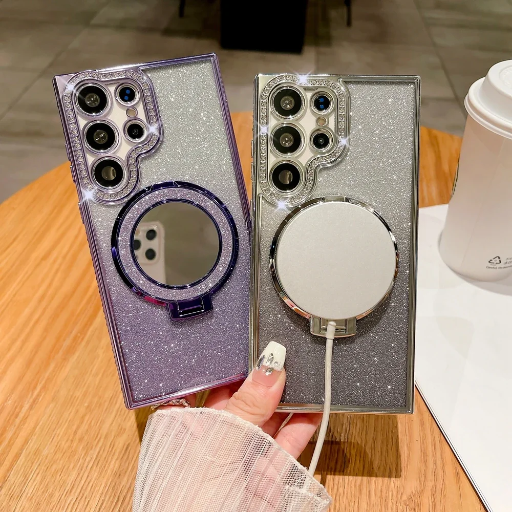 삼성 S24 S25 울트라 갤럭시 S23 S22 플러스 S24 FE A16 A55 다이아몬드 도금 커버에 대한 럭셔리 반짝이 거울  Magsafe 브래킷 케이스
