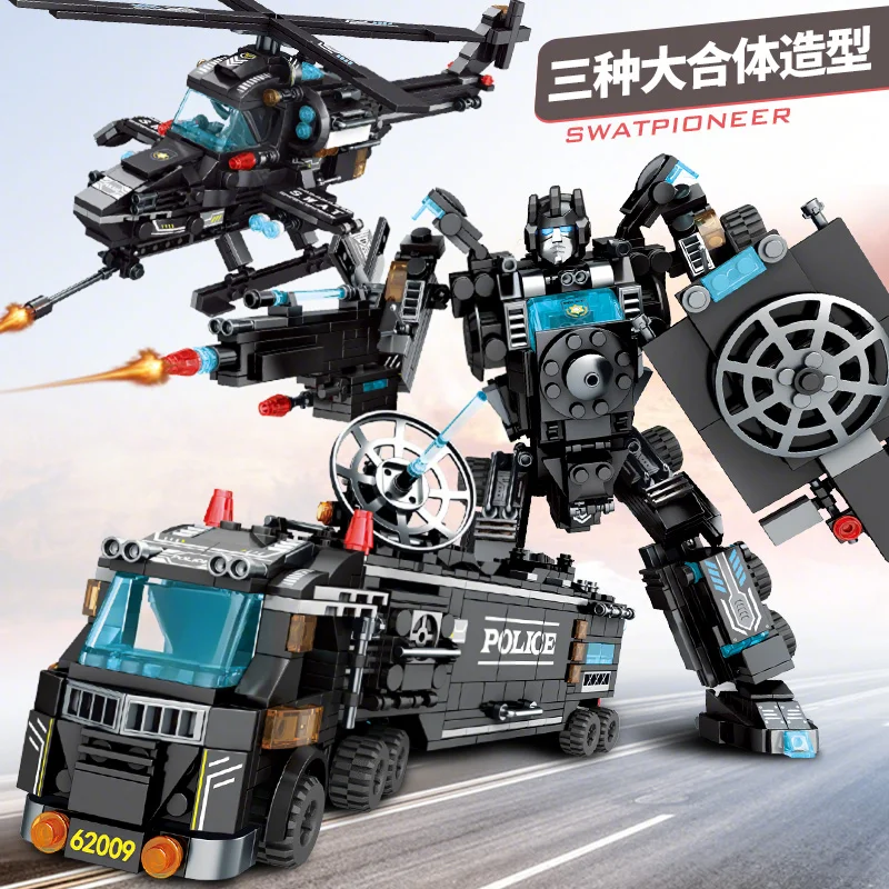 8 in1 Military Police Building Blocks Set Model Car Aircraft Mecha Transform Rob