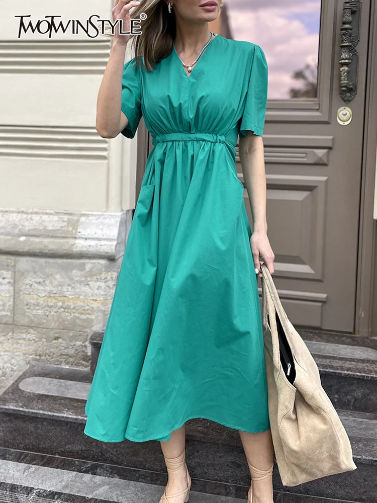 

TWOTWINSTYLE Summer solid loose Dresses For Women V Neck Short Sleeve High Waist Tunic patchwork Pockets Dress Female clothing