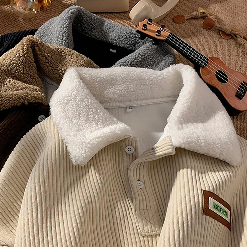 Men's Y2K Plus Velvet Corduroy Winter Polo Shirts Quality Down Coat For Men Korean Autumn Clothes Style Sportswear Sweatshirts