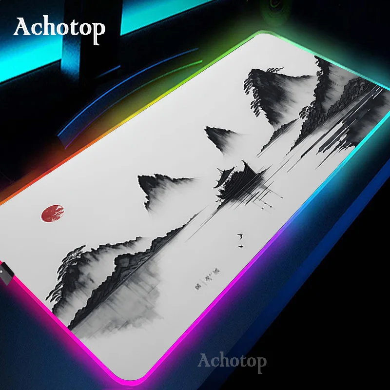 Alfombrilla de ratón para ordenador portátil RGB en blanco y negro, alfombrilla de ratón para juegos, alfombra grande con teclado de montaña Serenity, alfombrilla de escritorio LED de 100x50 con retro