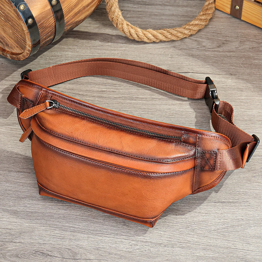 

Chest bag Men's leather single shoulder crossbody bag men's sports backpack top layer cowhide casual small waist bag for running