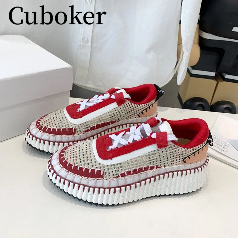 

Дизайнерские весенние Разноцветные Вязаные кроссовки с круглым носком на толстой платформе, дышащие женские Прогулочные кроссовки на шнуровке, повседневная женская обувь