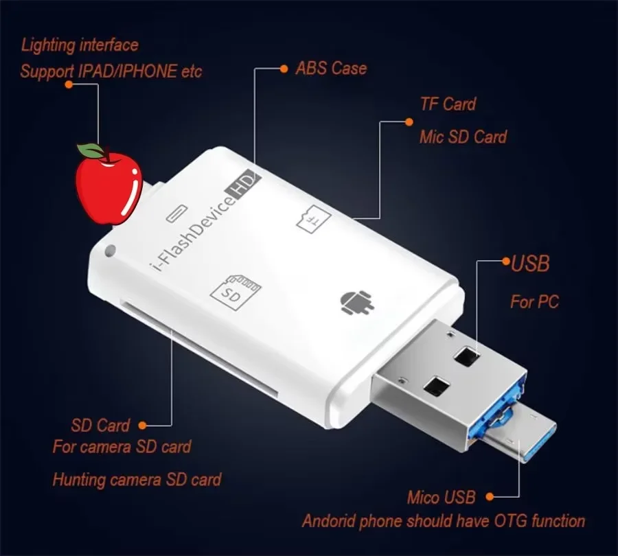 4 IN 1 TF Card Reader OTG Adapter USB Flash Drive SD TF Card Reader Lightning to MicroSD Adapter For Iphone Android