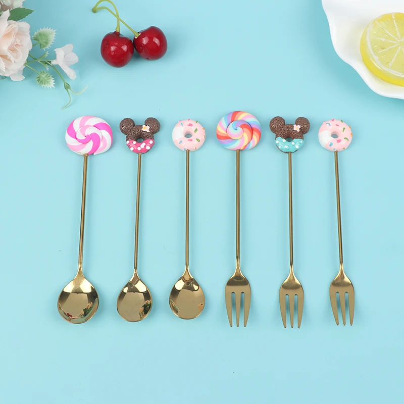 

Stainless Steel Spoon Fork Cute Version Rainbow Lollipop Donut Macaron Dessert Spoons Fruit Forks Kids Set Kitchen Accessories