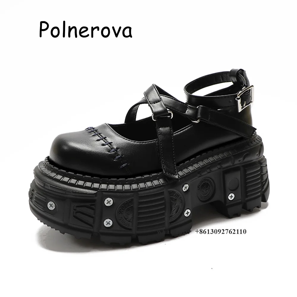 Rivet Thick Sole Pumps Cross Tied Front Strap Women's Shoes Punk Square Toe Millennium Spice Girls Vintage Mary Jane Shoes