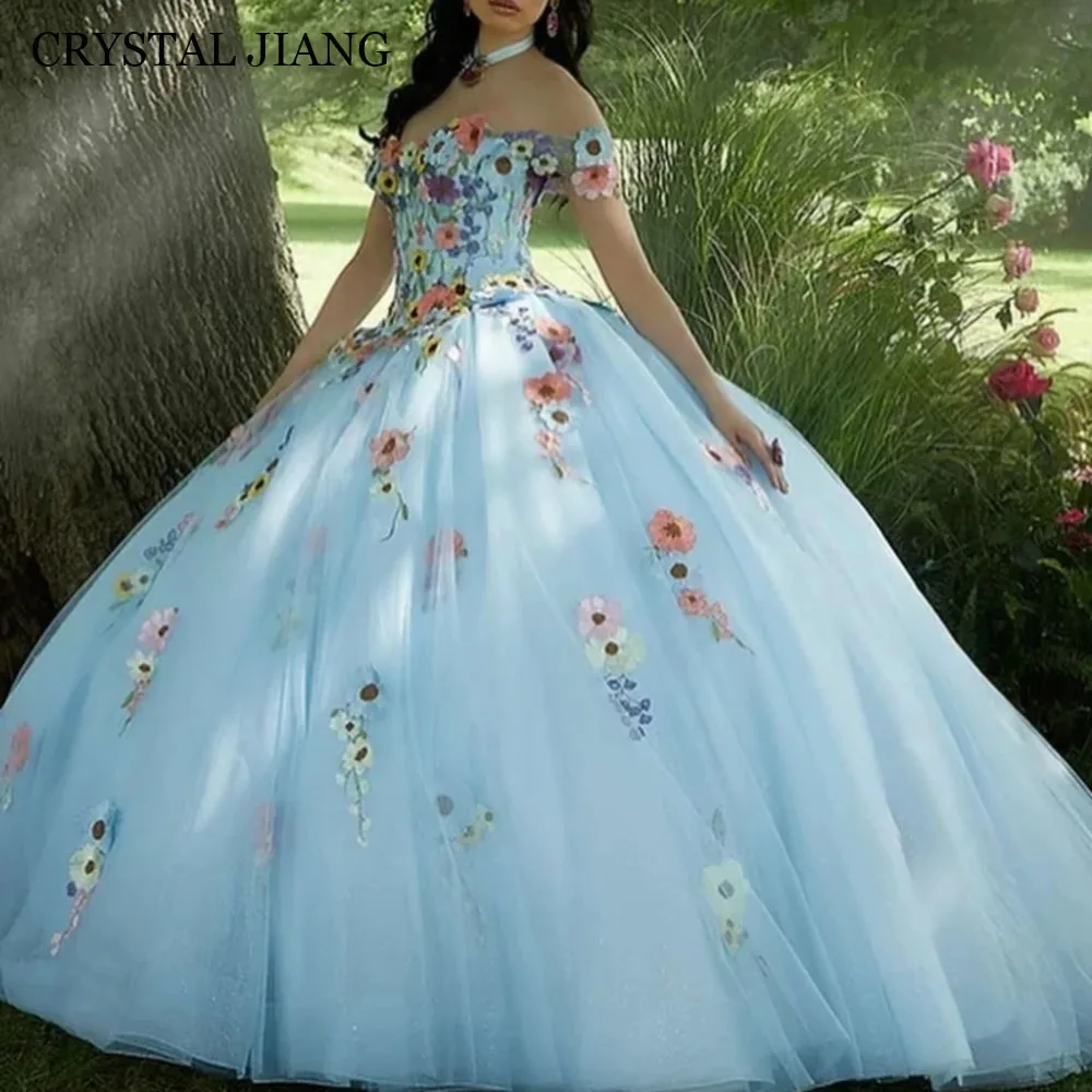 

Classy Long Blue Off the Shoulder Tulle Quinceanera Dresses Sleeveless Ball Gown Floor Length Vestidos 15 Quinceañera