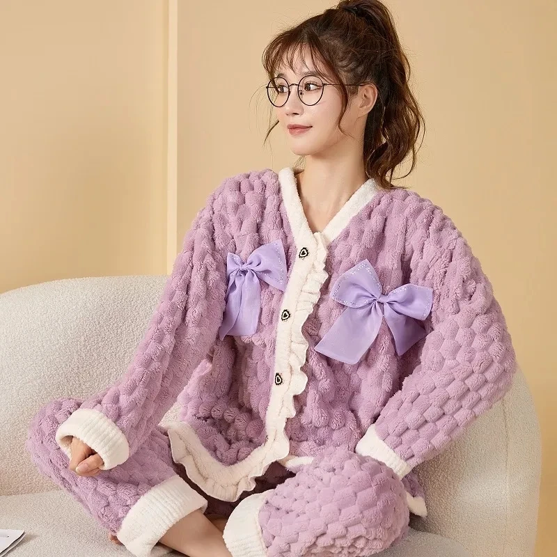 Autumn Winter Kawaii Cartoon Pajama Sets Women Pyjamas Flannel Loung Sleepwear Pajamas Girl Pijama Mujer NightSuits Homewear