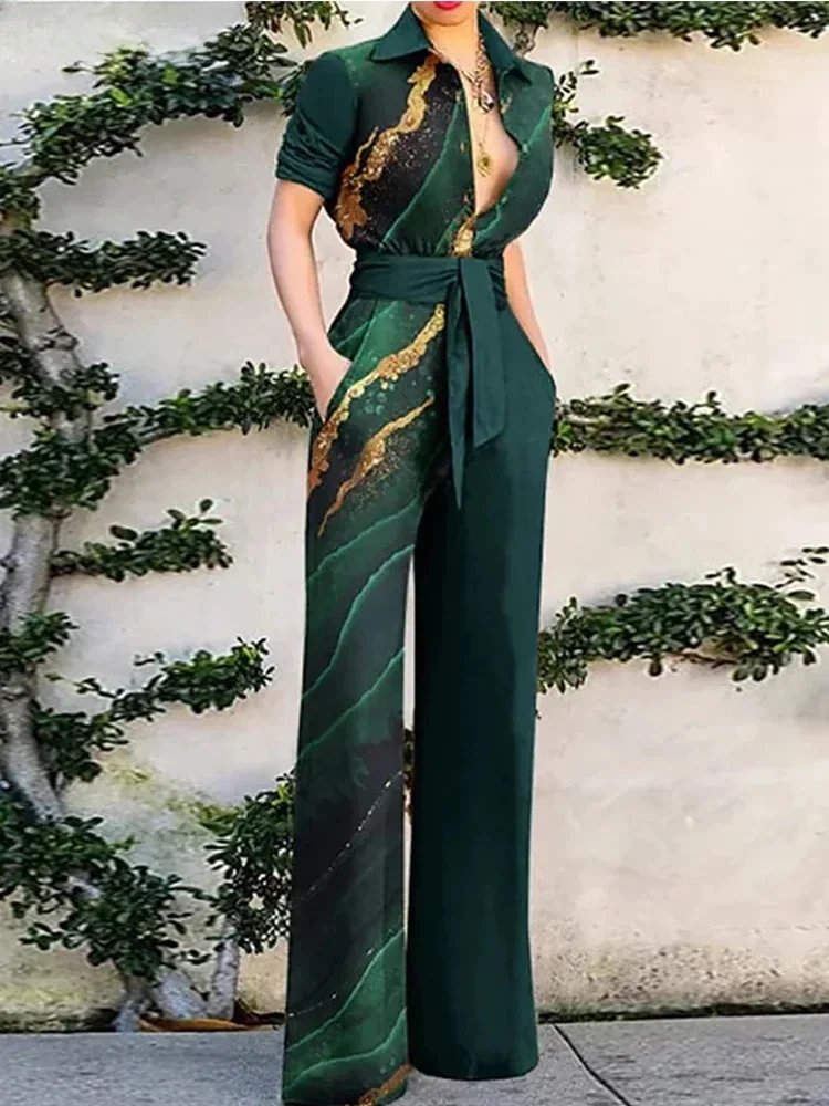2024 New Autumn and Winter Fashion Printed Long-sleeved Lapel Loose Casual Jumpsuit Jump Suits for Women