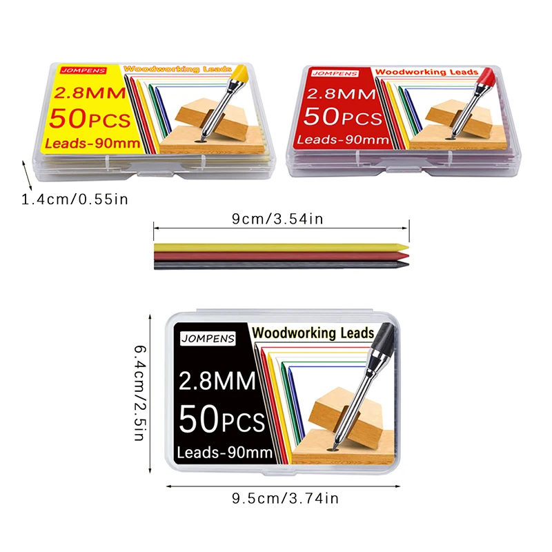 Three color 2.8mm woodworking pencil lead, 50 large capacity, with 2B sharpening knife for marking and drawing 2