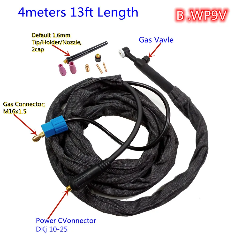 

Сварочная горелка WP9V для газовольфрамовой дуговой сварки, газовый фонарь WP9 с воздушным охлаждением и гибким шейным клапаном, сварофонарь для газовой сварки, 4 м, 13 футов