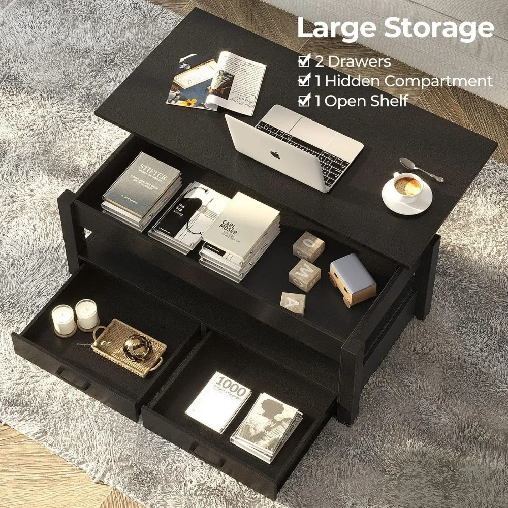 Coffee Table, Lift Top Coffee Table with Drawers and Hidden Compartment, Retro Central Table with Wooden Lift Tabletop 5