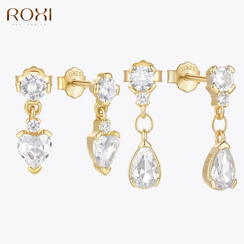 

ROXI 925 Sterling Silver White Cubic Zircons Drop Piercing Earrings For Women Gold Silver Color Wedding Engagement Jewelry