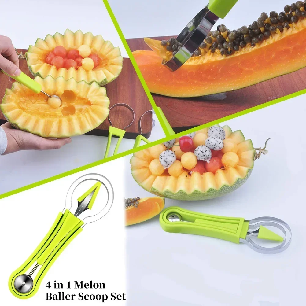 Melon Baller Scoop Set 4 in 1 Fruit Cutters Shapes Watermelon Scooper Fruit Scooper and Baller Carving Kitchen Accessories