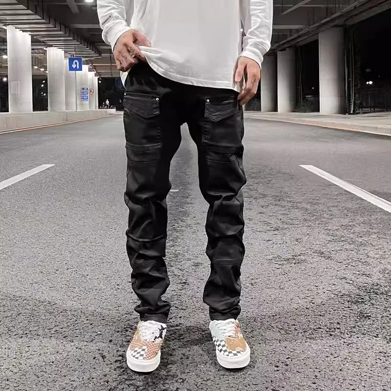 

Y2k Front Pocket Wax Pu Leather Pants for Men Straight Slim Casual Overall Ropa Hombre High Street Loose Cargos Oversized