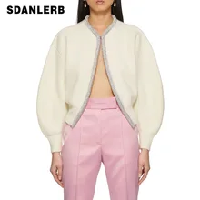 

Solid Color Knitted Cardigan 2022 Early Spring New Patchwork Rhinestone Simple Design Short Temperamental Women's Sweater