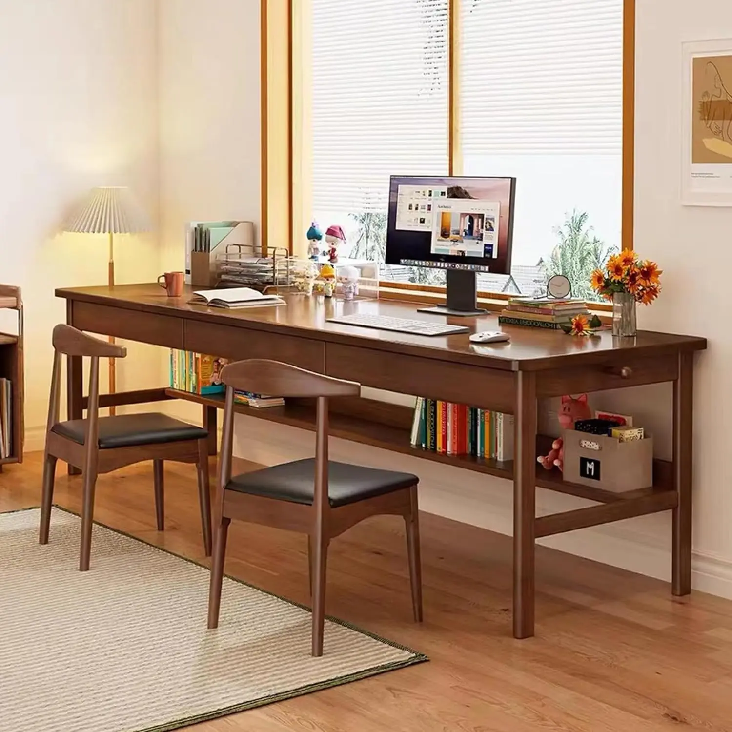 Long Solid Wood Desk with 3 Drawers Home Office Computer Desk Mid Century Modern Desk Large Study Writing 6