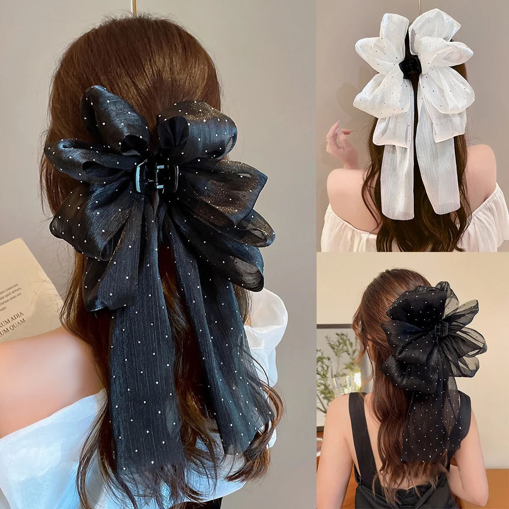 Large Size Bow Hair Claw Hairpin For Women Korean Sweet Ponytail Hair Crabs Hair Clip Girls Ribbon Non-slip Hair Accessories