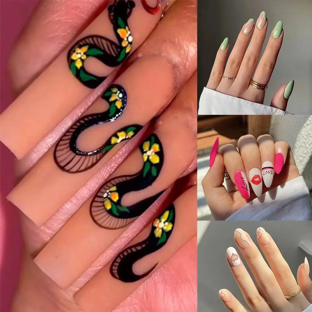 

HEALLOR 24 шт. съемные французские длинные ногти змея любовь сердце узор накладные ногти полное покрытие кристалл
